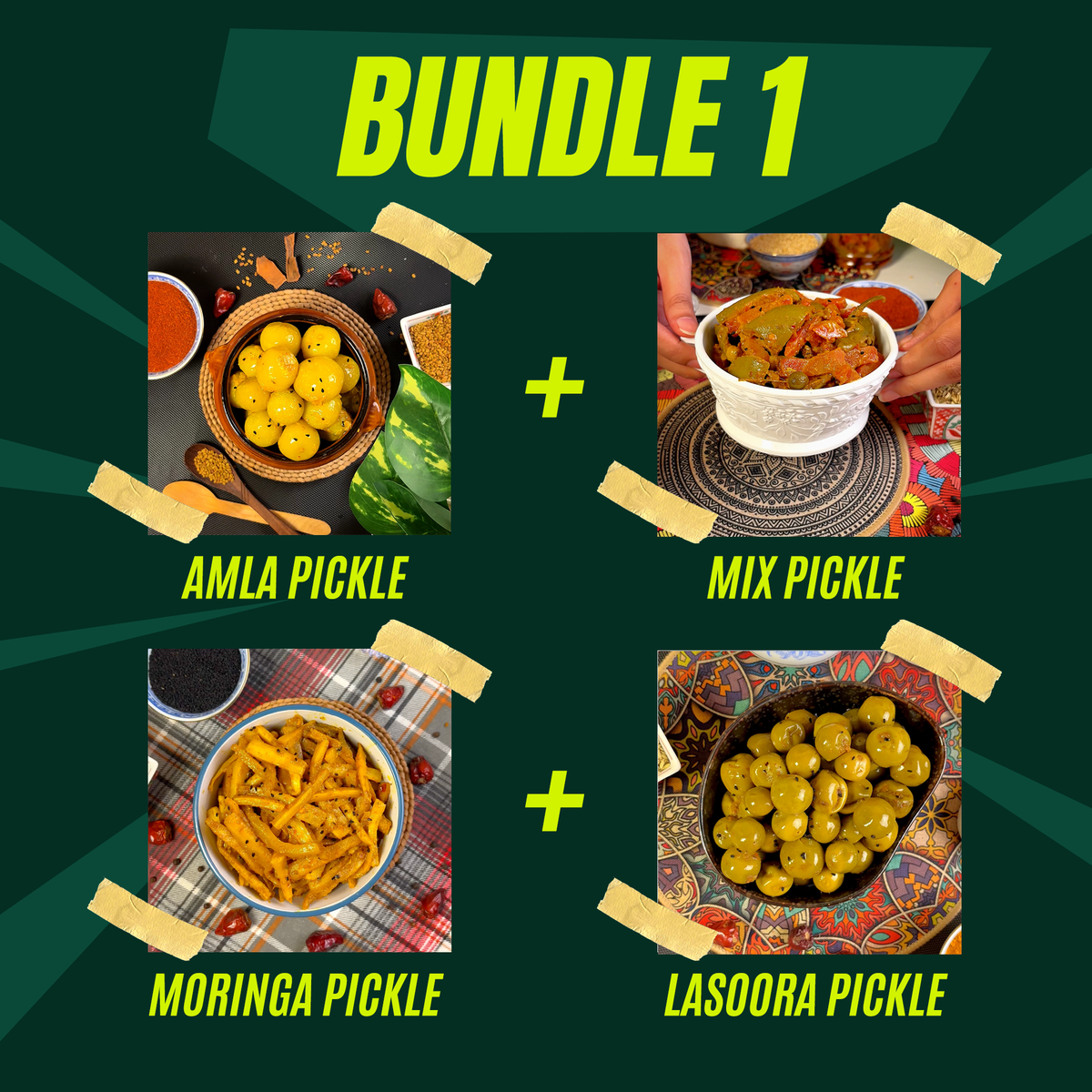 Premium Homemade Pickle Combo – Amla, Lasoora, Moringa & Mixed Pickle-500g Each(2kg Value Pack)