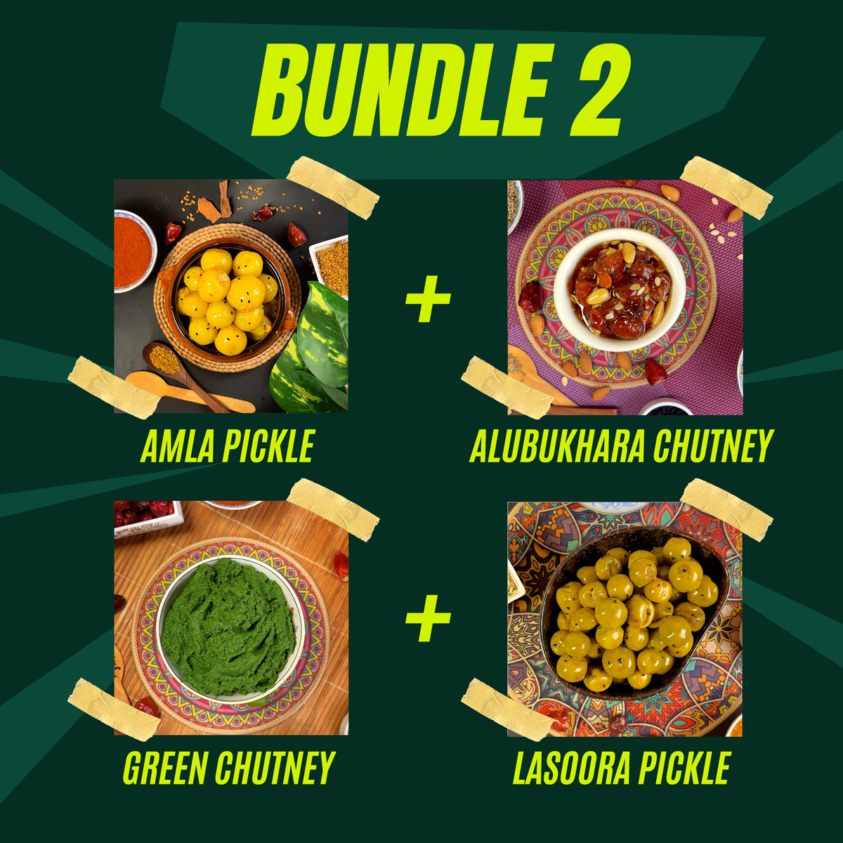 Traditional Pickle & Chutney Bundle – Amla, Lasoora, Green & Alubukhara-500g Each(2kg Value Pack)